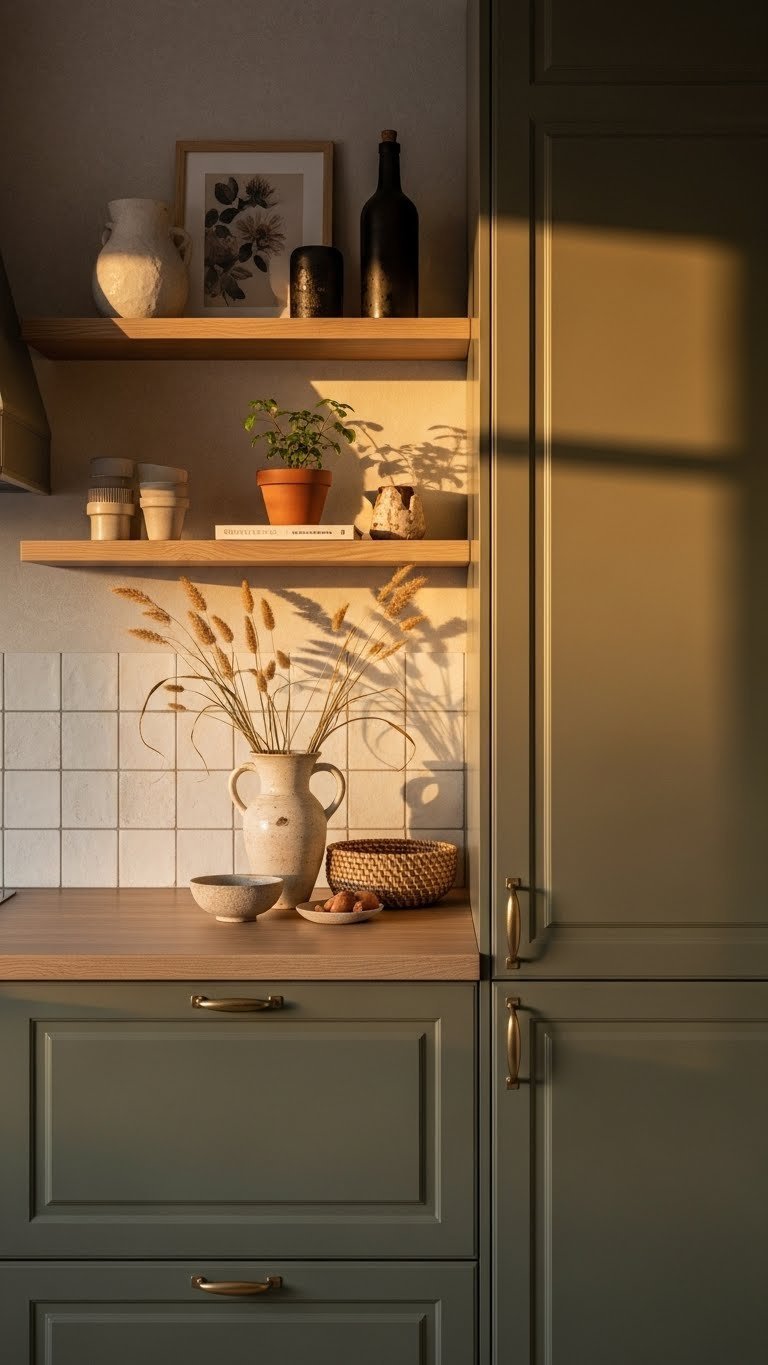 Warm earthy olive green Scandinavian kitchen with natural wood textures and terracotta accents in golden hour light