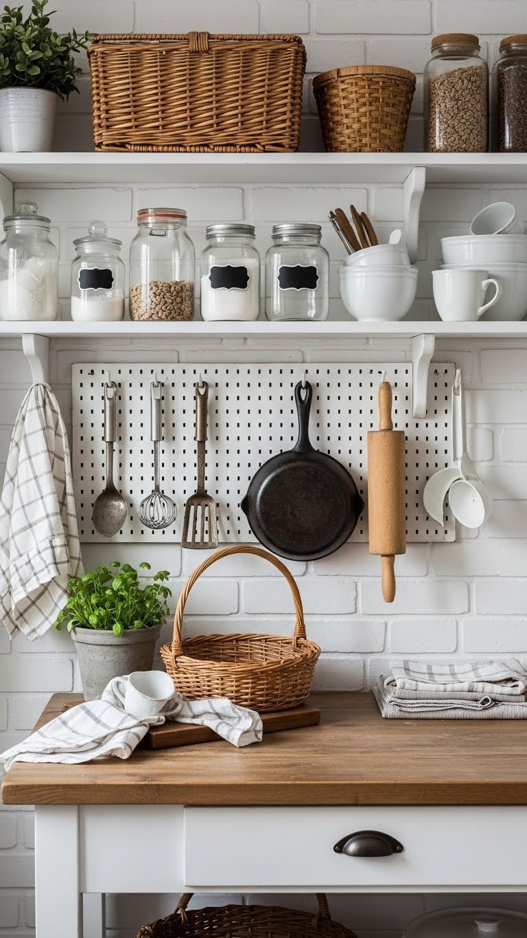 Warm farmhouse vintage kitchen pantry with whitewashed shelves, rustic baskets, labeled glass jars, and antique tools on a pegboard.