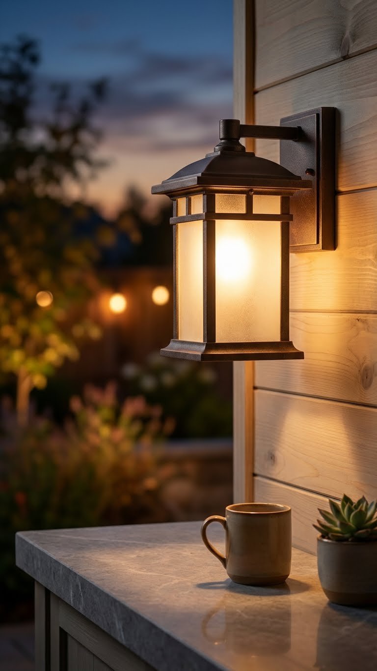 Outdoor Kitchen Japandi Design Guide For Serene Living 11 Warm glowing lantern-style sconce on Japandi outdoor kitchen wall casting soft light on stone countertop at dusk