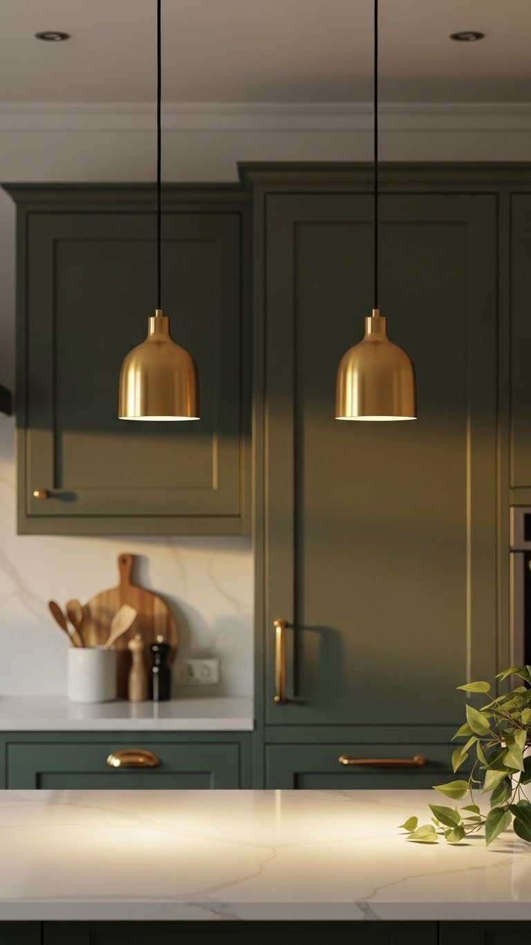 Warm gold minimalist pendant lights over a dark sage green kitchen island, casting a glow. Elegant modern kitchen lighting.