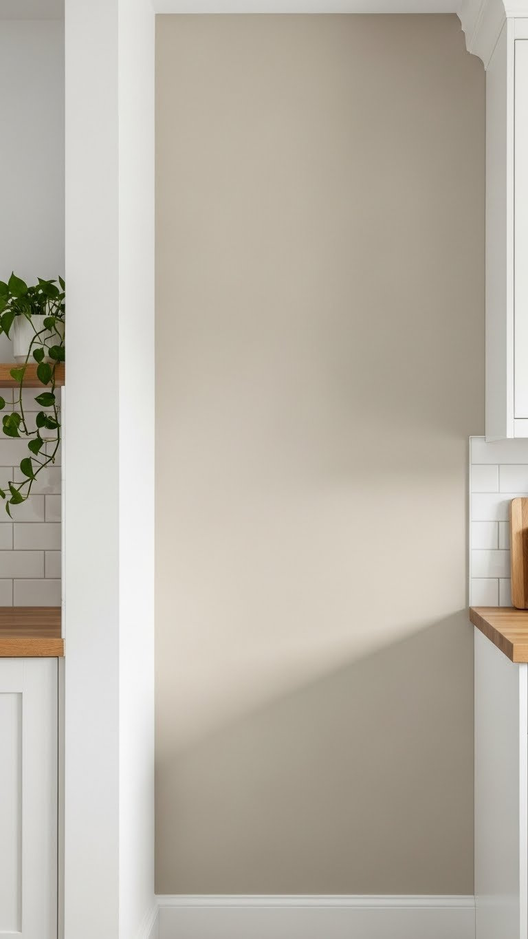 Warm greige painted kitchen wall with natural light reflecting off smooth surface and floating shelf with indoor plant in corner