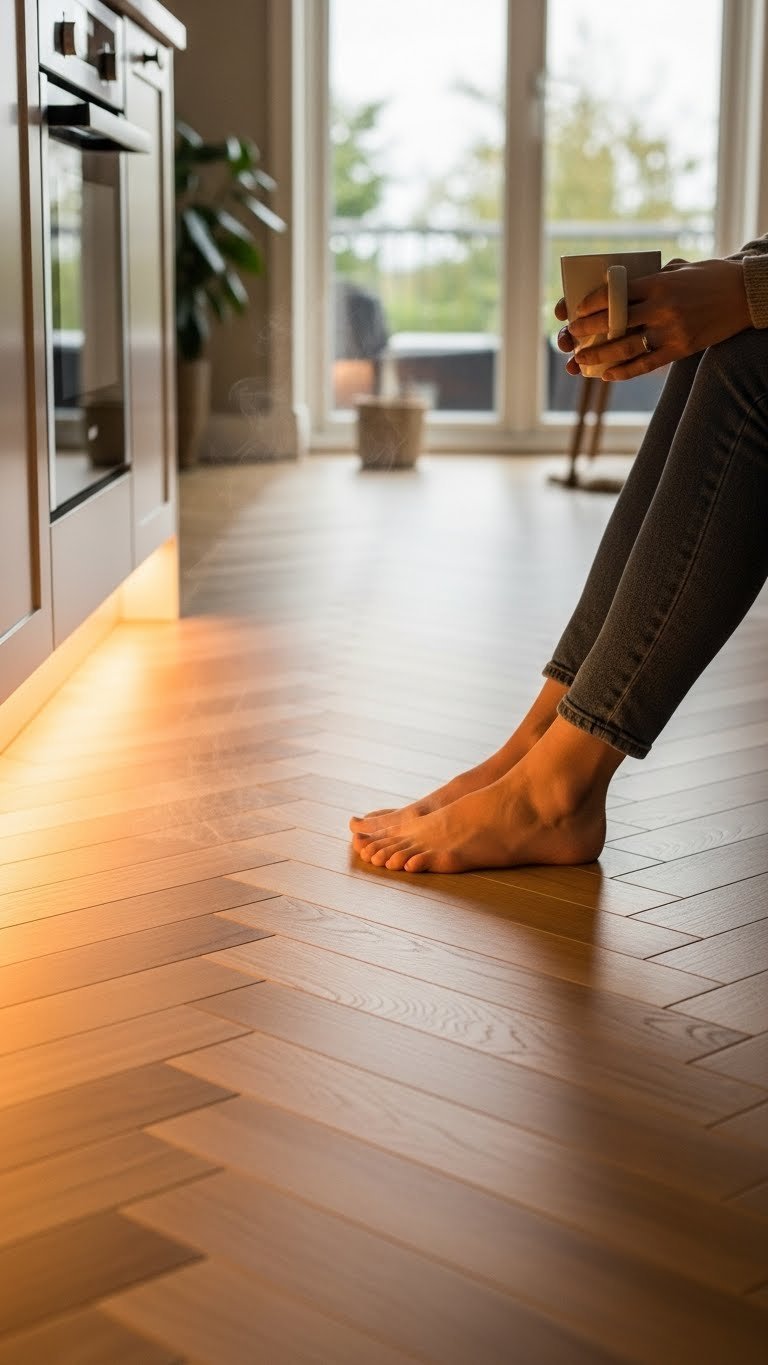 Warm light wood herringbone floor with cozy golden hour lighting suggesting underfloor heating in kitchen