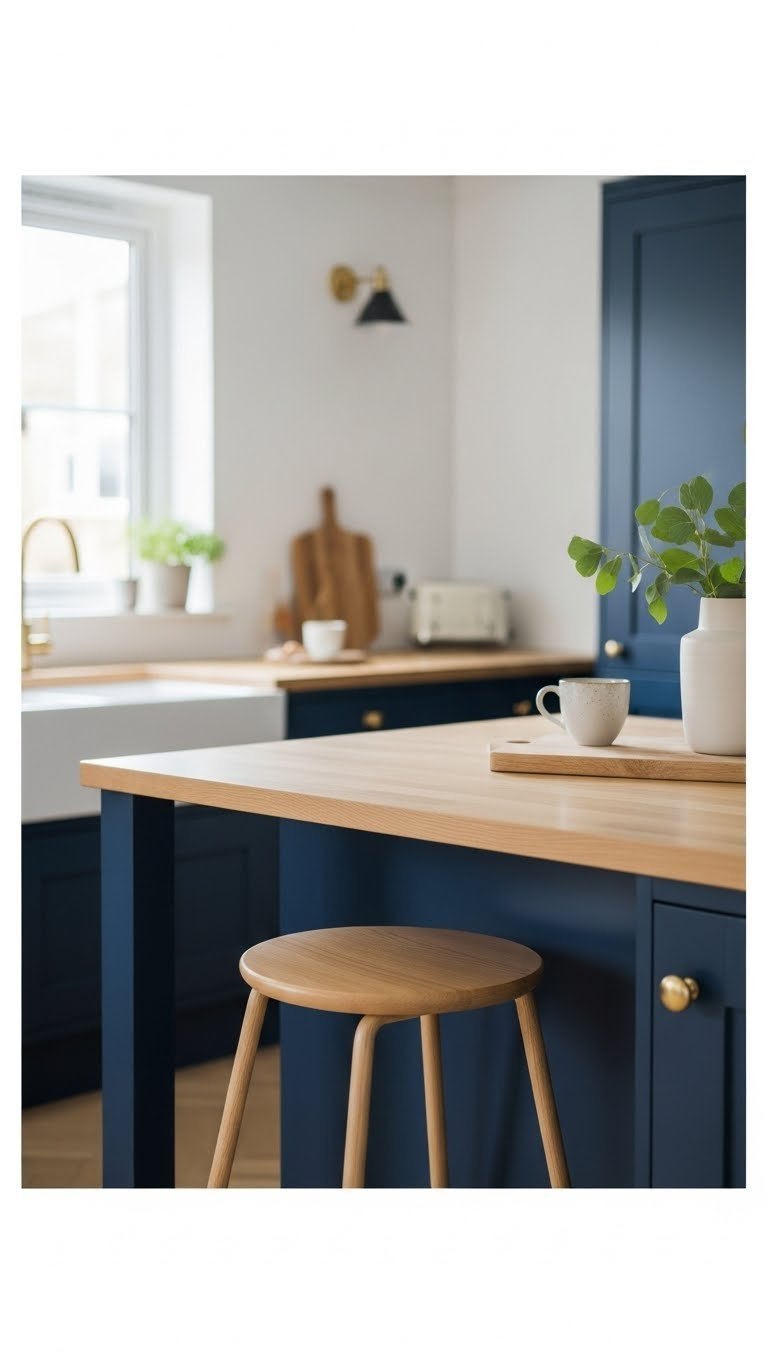 Warm navy scandi kitchen featuring light oak wood countertop harmoniously blending with navy cabinetry and wood bar stool