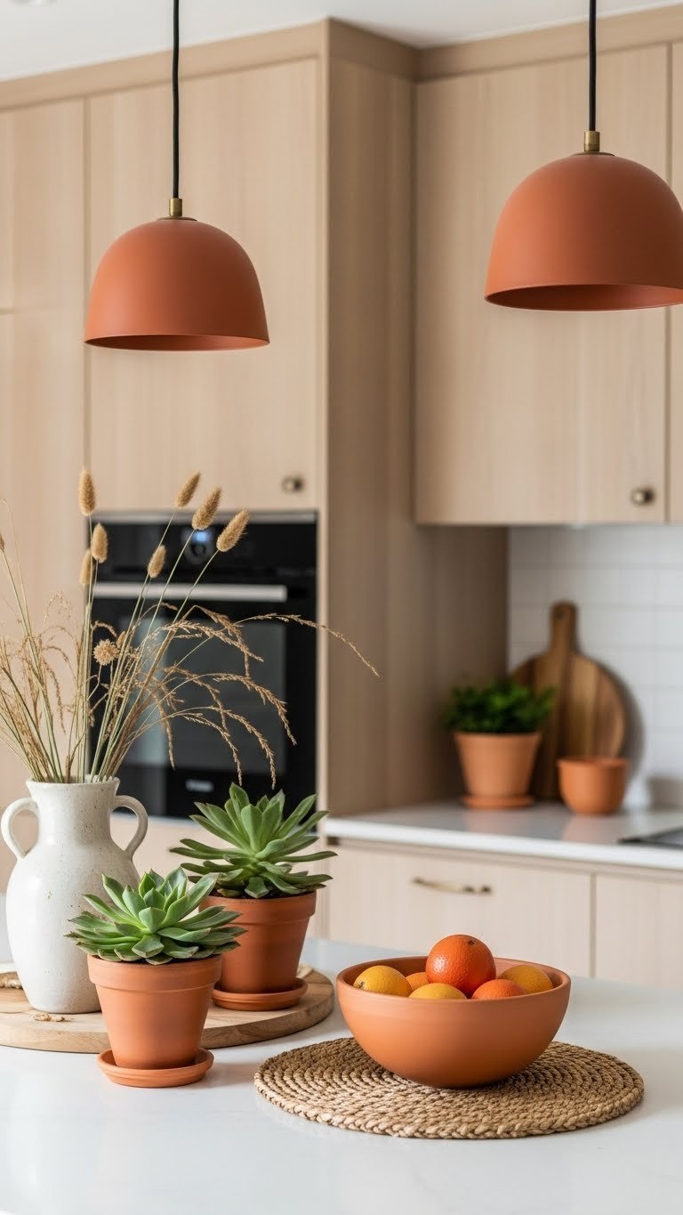 Warm scandi kitchen with blonde wood cabinets and earthy terracotta accents featuring dried grasses and succulent plants.