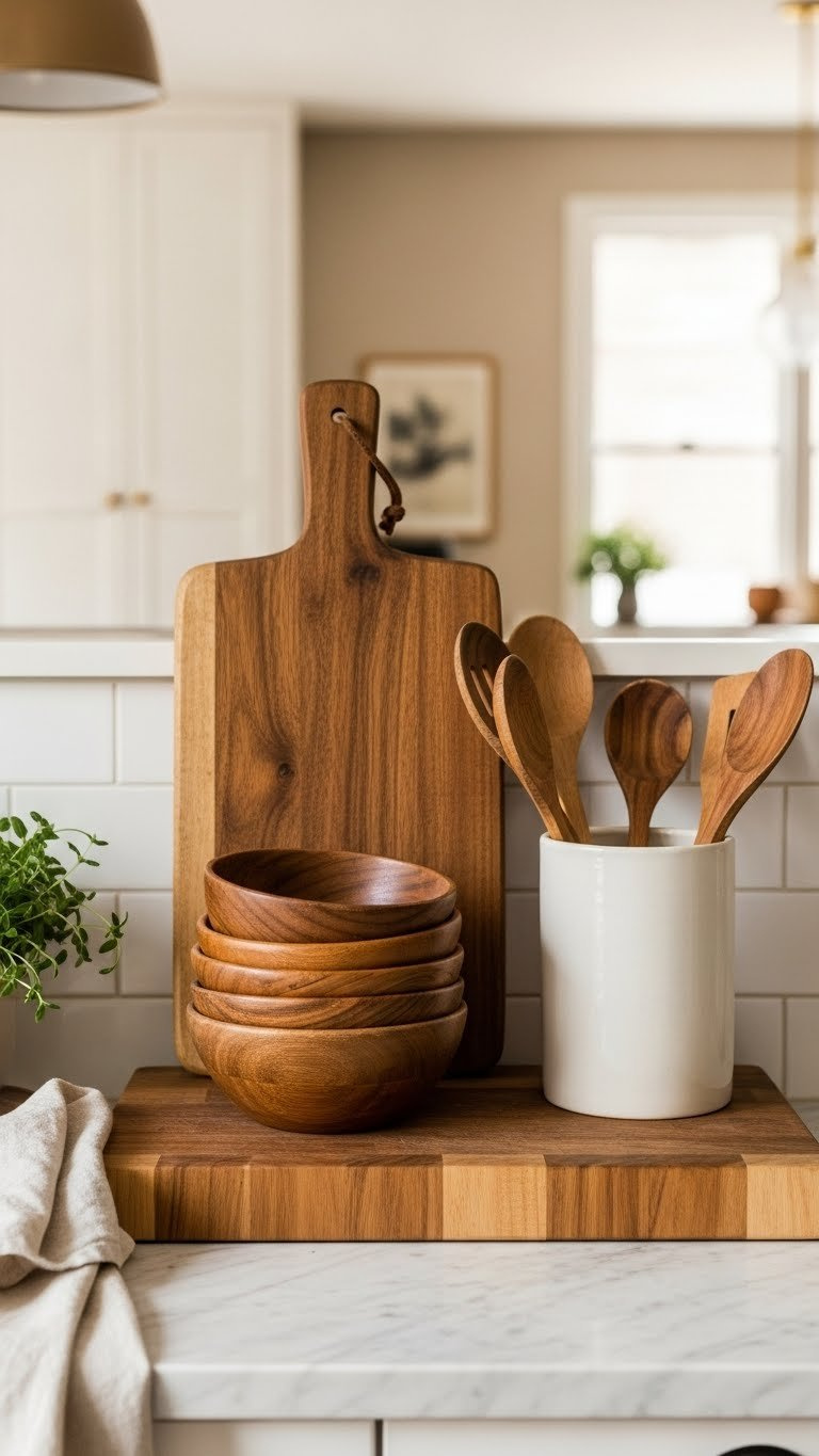 Warm small kitchen counter featuring natural wood cutting board, wooden bowls, and utensils on marble countertop