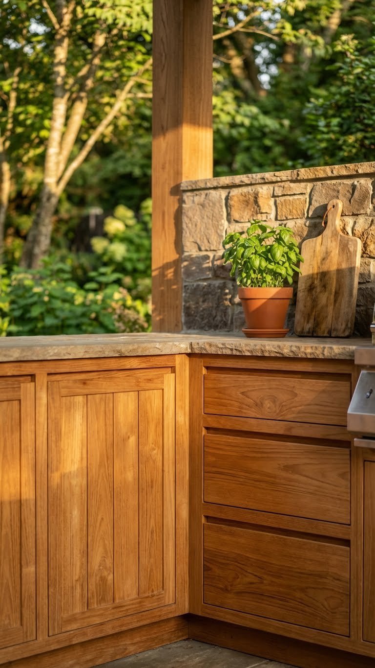 Outdoor Kitchen Cabinets Ideas For Stylish Durable Storage 2 Warm teak wood outdoor kitchen cabinets with rustic stone backsplash and golden hour lighting on flagstone patio.