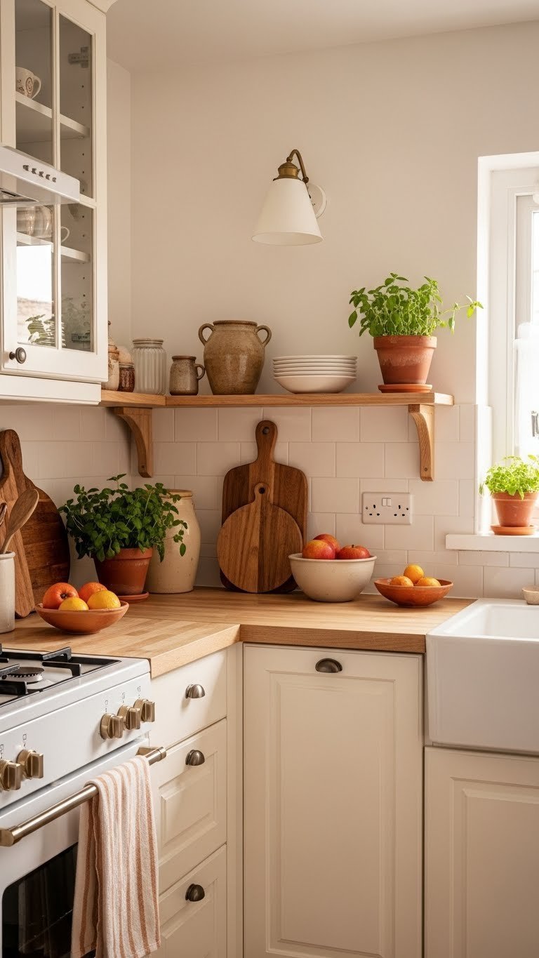 Warm terracotta and cream kitchen with earthy floor tiles and Mediterranean-inspired rustic charm.