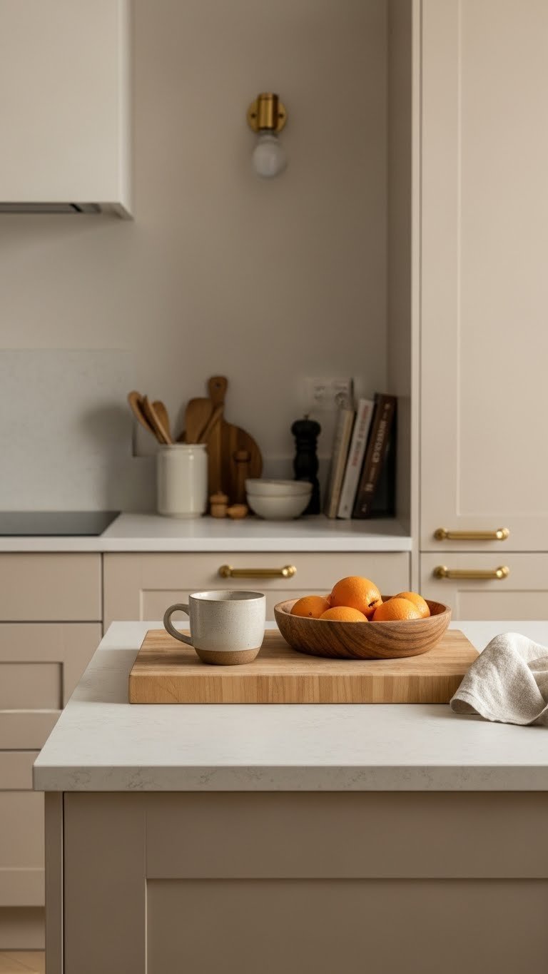Warm-toned butcher block countertop in beige scandi kitchen with natural window lighting
