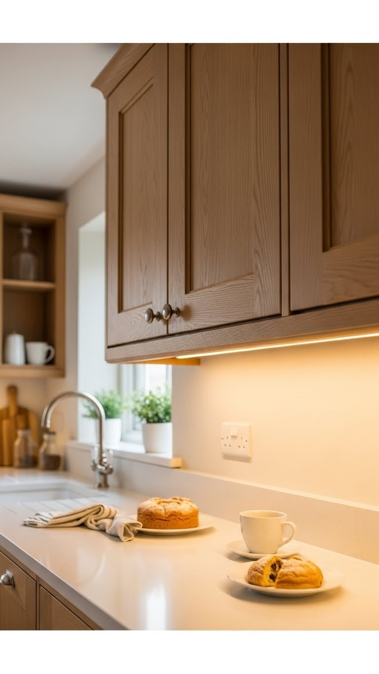 Warm under-cabinet LED lighting illuminating white quartz countertop beneath oak cabinets