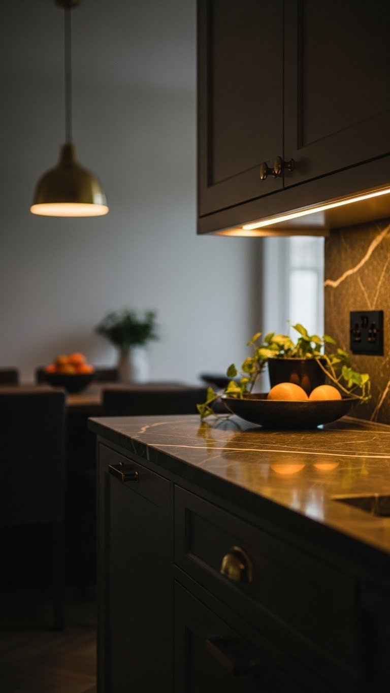 Warm under-cabinet LED lighting on dark marble countertop, with a subtle brass pendant, creating a cozy, elegant kitchen.