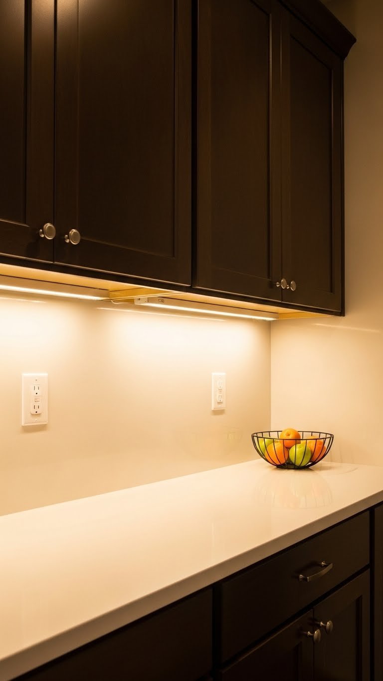 Warm under-cabinet LED strip lights illuminating light-colored countertop beneath dark brown kitchen cabinets