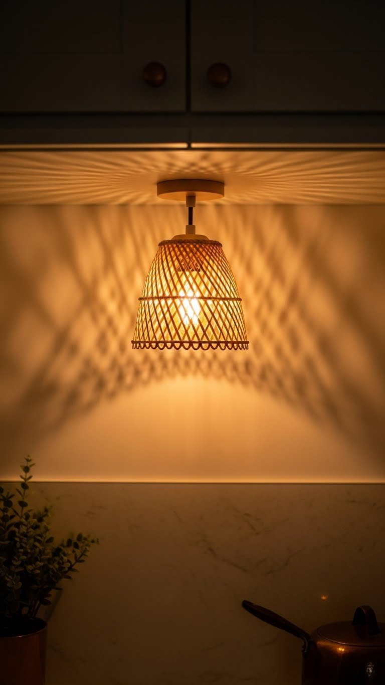Warm white lighting from rattan pendant fixture casting soft glow on earth tone cabinetry and butcher block countertop
