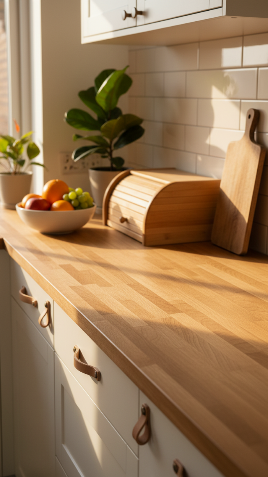 Warm wooden butcher block countertop with natural grain texture in scandi retro kitchen interior design