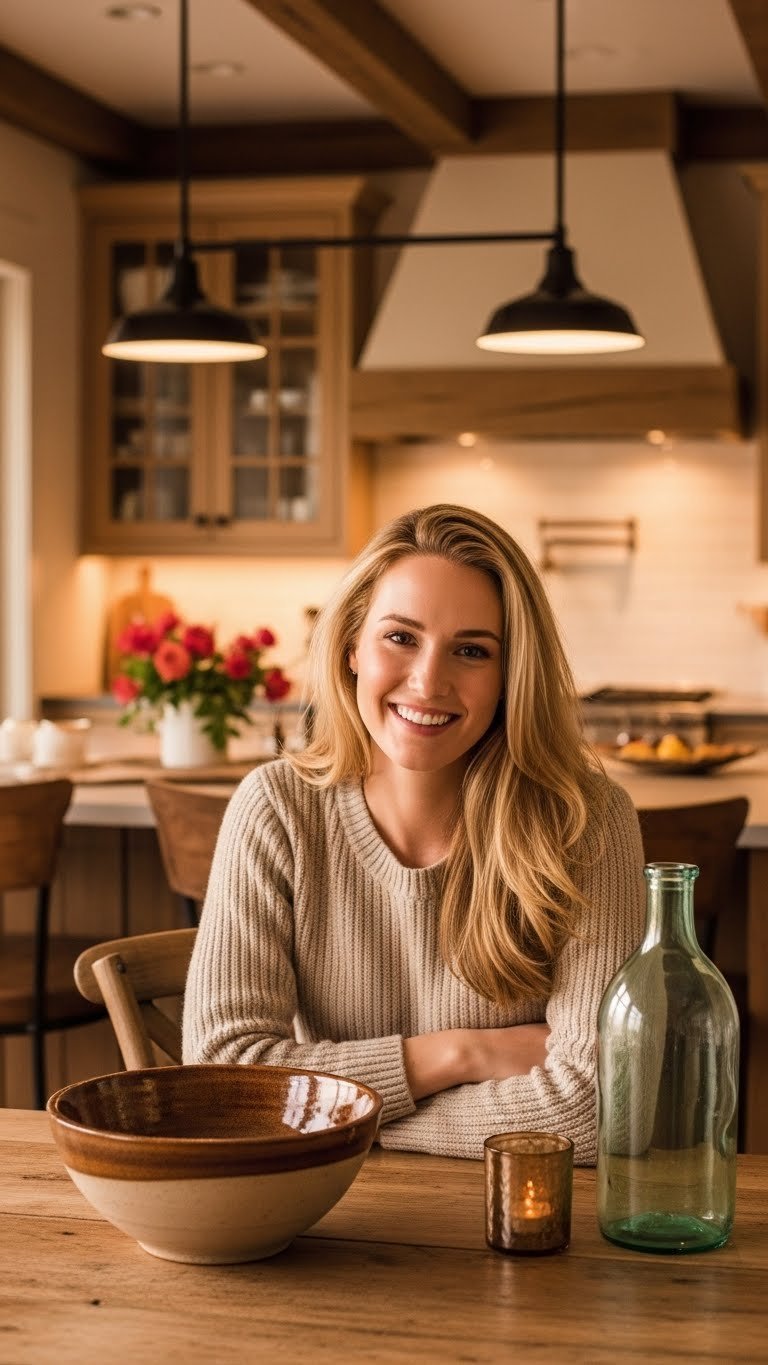 Warmly lit rustic kitchen with wrought iron pendant lights highlighting natural wood textures and beams
