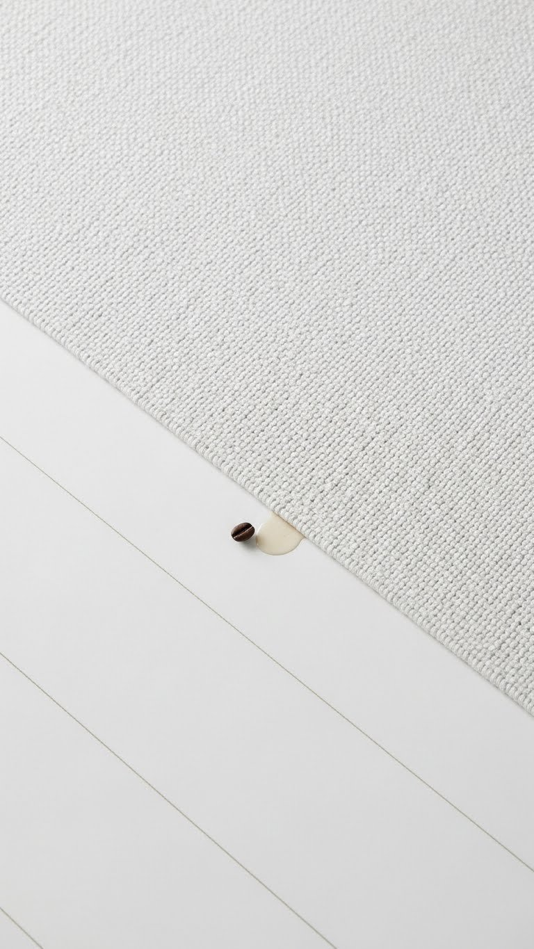 Washable cotton blend Scandinavian kitchen rug with light color and woven texture on bright white floor