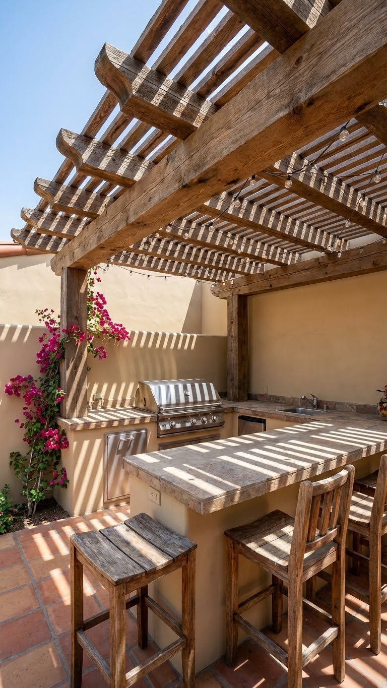 Outdoor Kitchen Mexican Style Ideas For Authentic Entertaining 9 Weathered cedar pergola casting dappled sunlight over Mexican outdoor kitchen with string lights and bar stools.