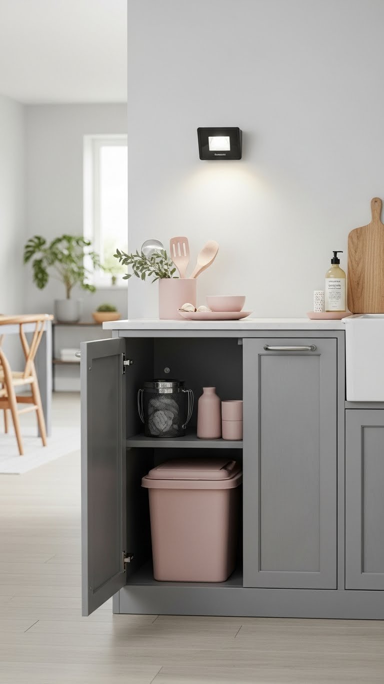 Weatherproof motion-sensor floodlight illuminating outdoor kitchen utility area with storage cabinet