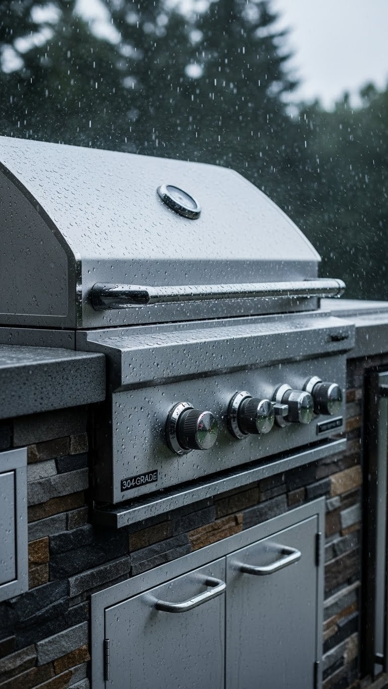 Weatherproof stainless steel outdoor kitchen with water droplets on surfaces after rain shower.