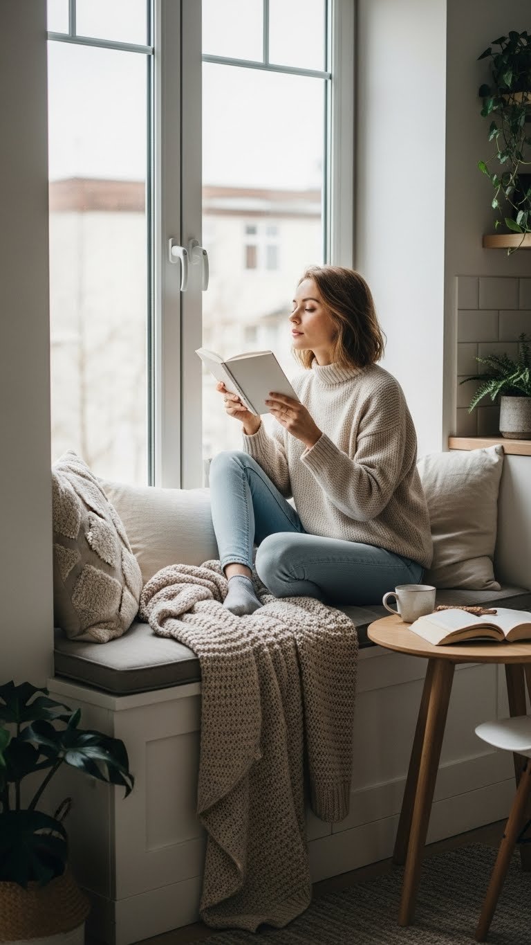 Welcoming Scandinavian kitchen window nook with built-in bench featuring cushions and steaming tea cup