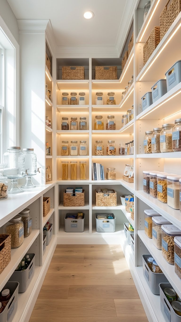 7 Genius Kitchen Pantry Ideas: Convert Your Walk-In Closet 7 Well-lit organized kitchen pantry showcasing LED strip lighting, clear containers on shelves, and a spacious pathway for easy access.