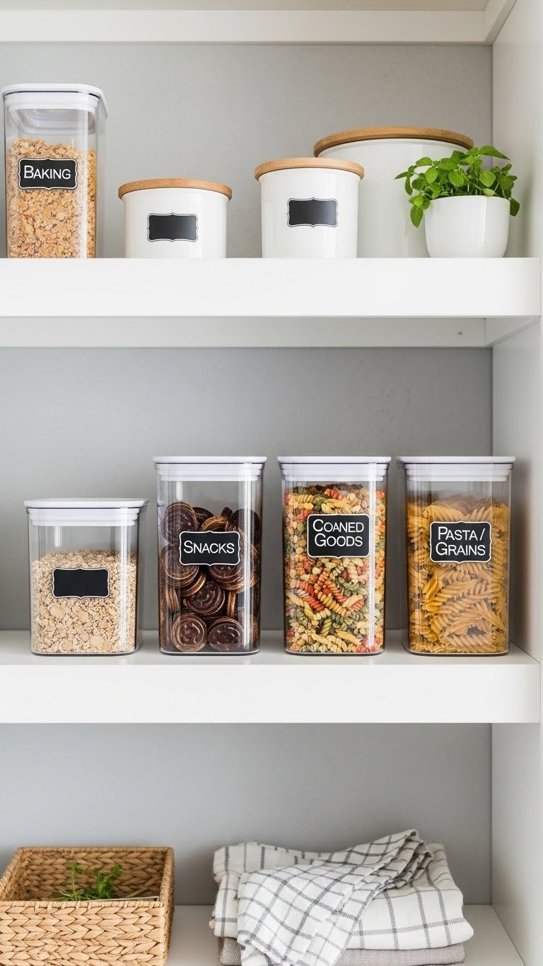 9 Genius Kitchen Pantry Storage Ideas To Organize Everything 5 Well-organized kitchen pantry featuring clear labeled bins for distinct food zones like baking, snacks, and canned goods on white shelves.