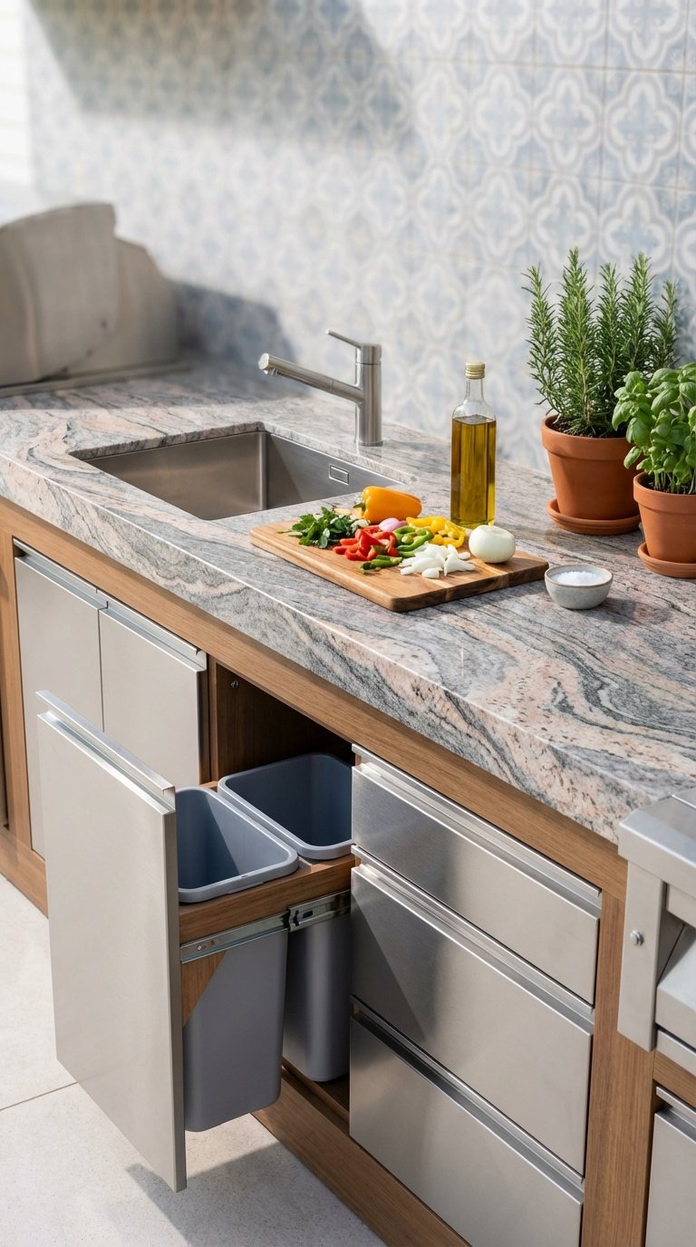 Outdoor Kitchen Entertaining Ideas Proven Tips For Homeowners 13 Well-organized outdoor kitchen with polished granite countertop, built-in sink, and stainless steel storage cabinets.