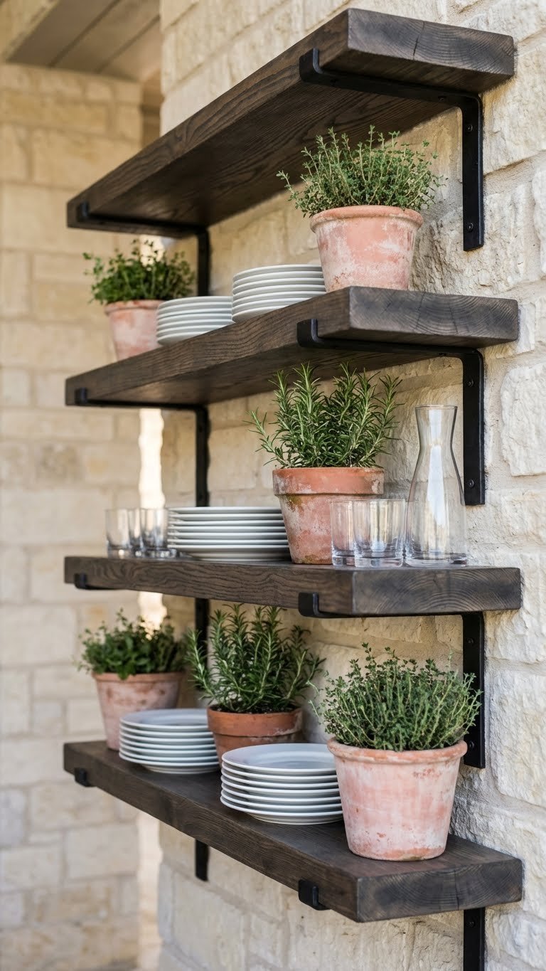 Well-organized rustic open-shelving wall with dark wood shelves on stone wall displaying ceramic plates and herbs.