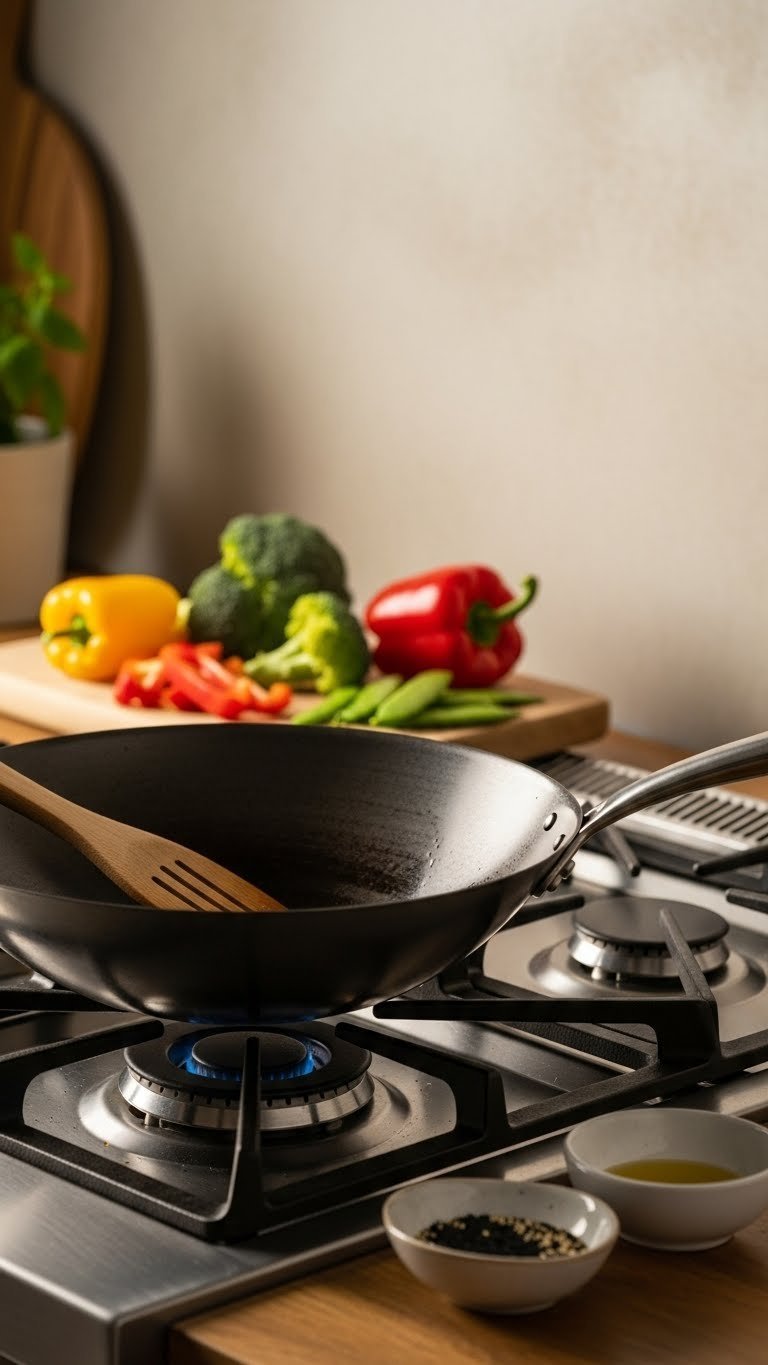 11 Essential Chinese Kitchen Gadgets: Master Authentic Cooking 1 Well-seasoned carbon steel wok on gas burner with fresh vegetables and wooden spatula ready for stir-fry cooking