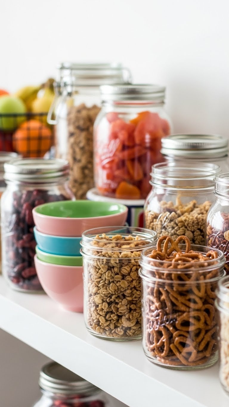 7 Essential Mason Jar Pantry Ideas: Organize Kitchen Smarter 9 Well-stocked snack station with small mason jars filled with dried fruit, nuts, granola, and pretzels on a clean white shelf.