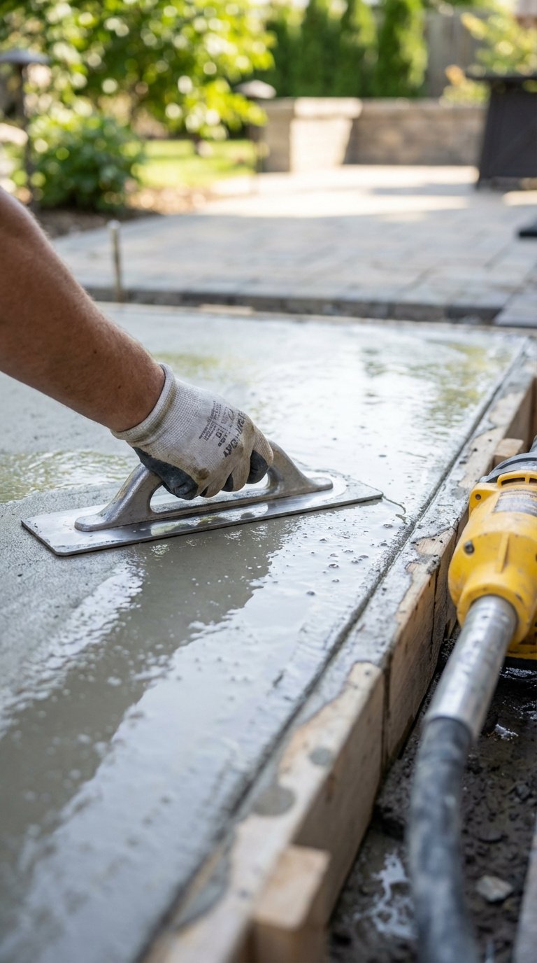 Outdoor Kitchen Concrete Countertops Complete Diy Guide 7 Wet concrete being smoothed with magnesium float trowel inside countertop forms on patio
