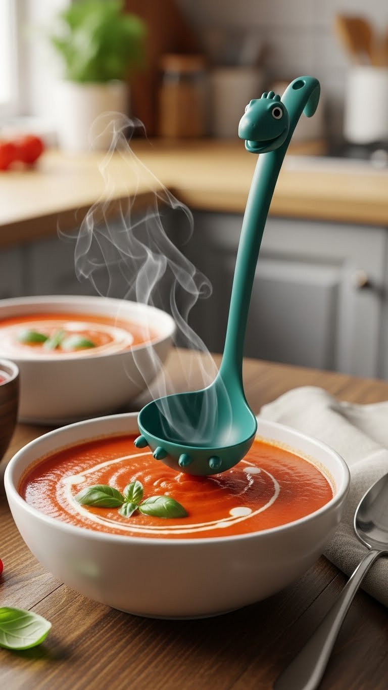 Whimsical blue Nessie ladle emerging from creamy tomato soup with basil garnish on rustic wooden table