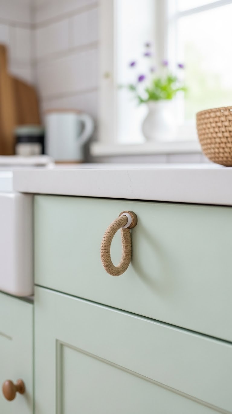 Whimsical loop handle made from natural rope on light pastel green cabinet in minimalist kitchen setting