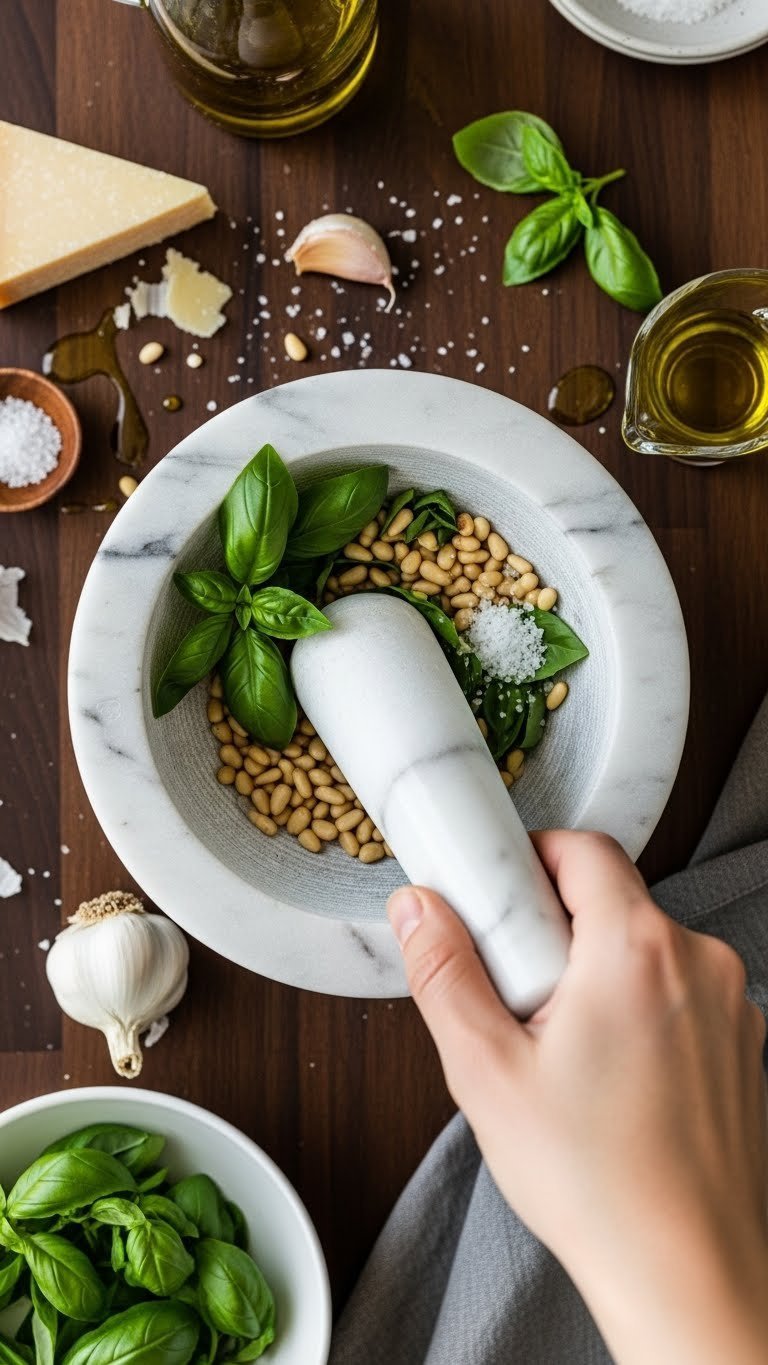 White Carrara marble mortar and pestle crushing fresh basil, garlic, and pine nuts on dark wood