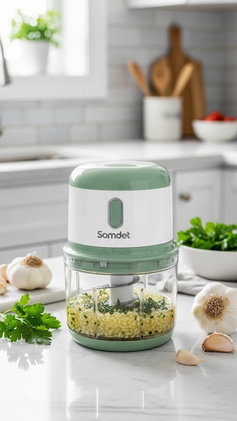 White and sage green mini electric food chopper with freshly chopped garlic and herbs on marble countertop in bright daylight kitchen setting