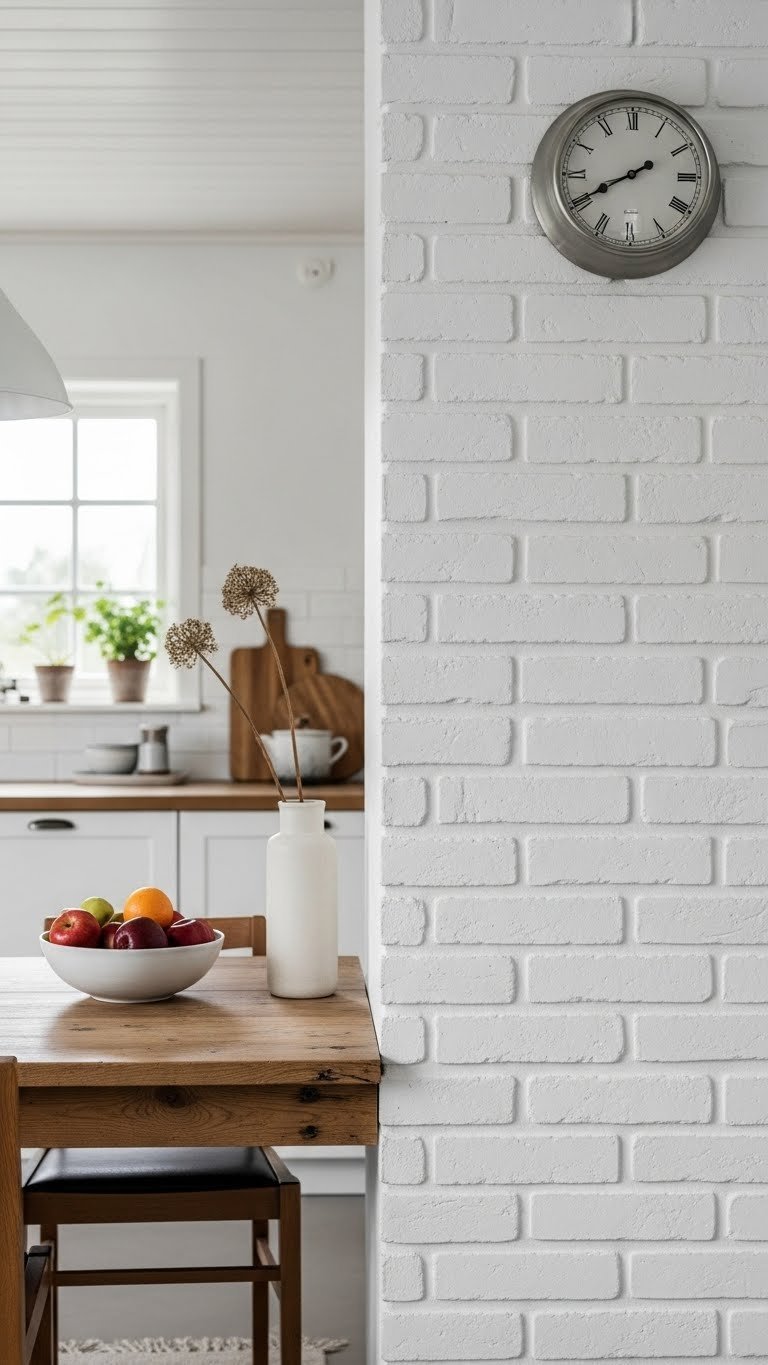 White brick accent wall with rustic texture in Scandi kitchen featuring natural wood elements