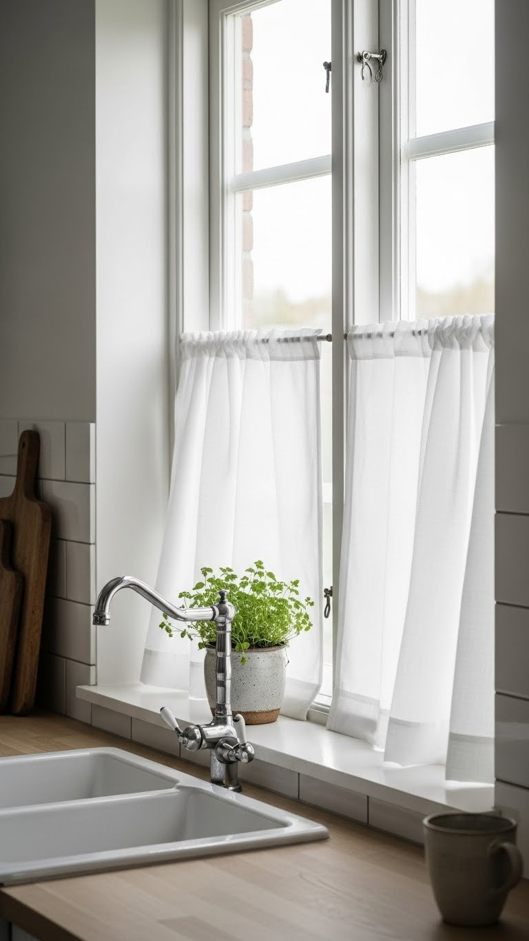 White cafe curtains on kitchen window with ceramic herb pot on wooden windowsill and subway tile backdrop