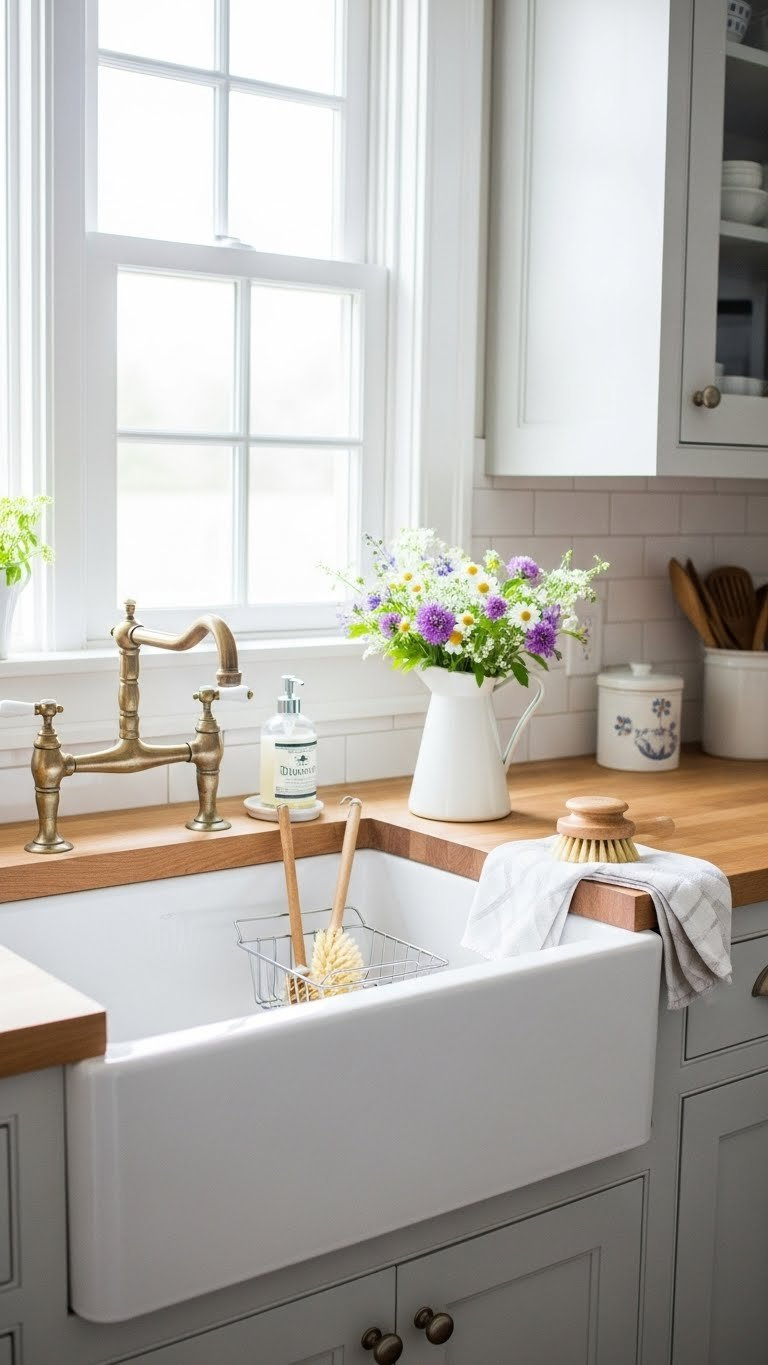Small Cottage Kitchen: 9 Genius Ideas To Maximize Charm 3 White ceramic farmhouse sink with antique brushes and wildflowers against butcher block countertops in cottage kitchen