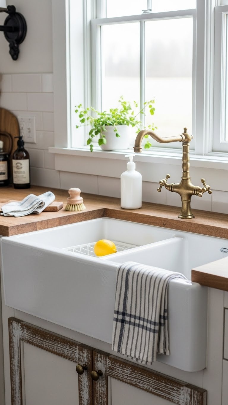 White ceramic farmhouse sink with brass faucet and lemon on distressed wooden countertop in rustic kitchen