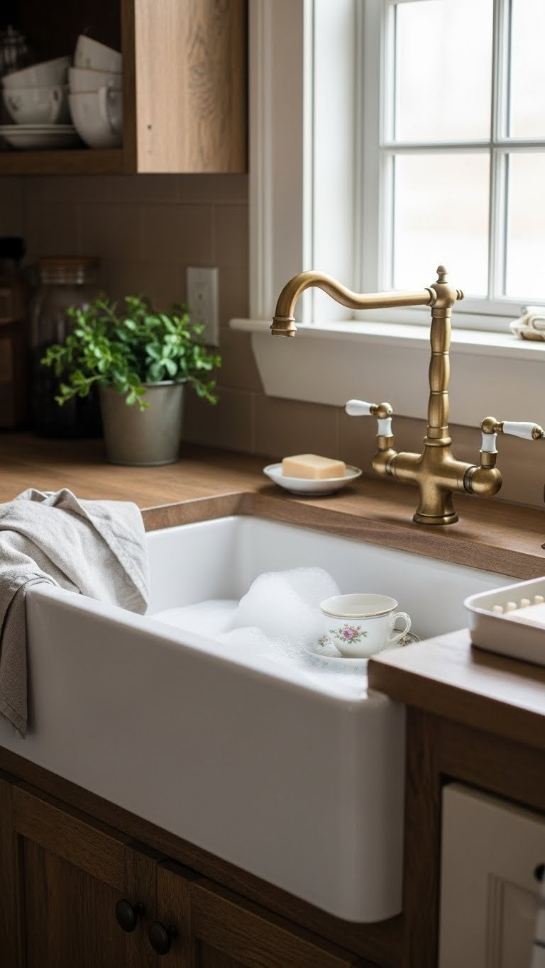 White ceramic farmhouse sink with frothy soap suds and antique teacup in compact rustic kitchen setting.