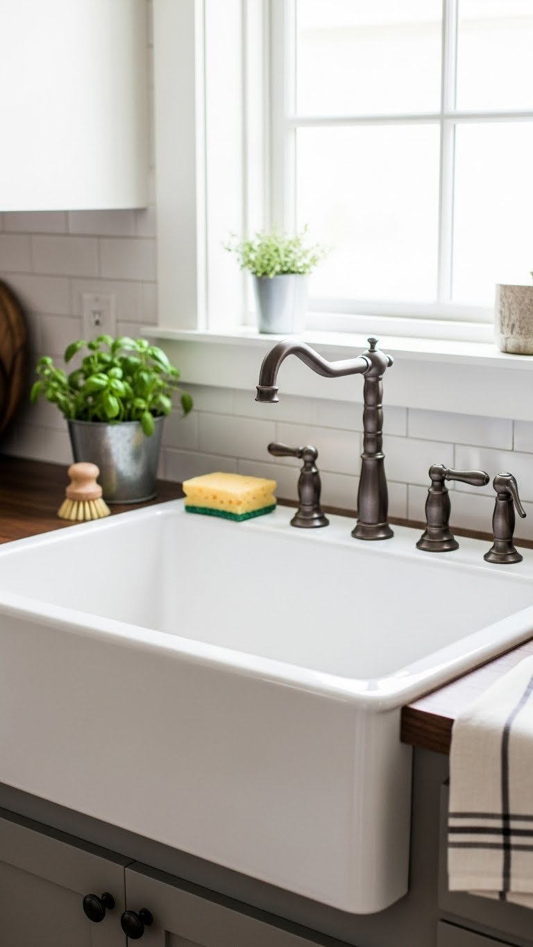 White ceramic farmhouse sink with rustic faucet in compact kitchen setting