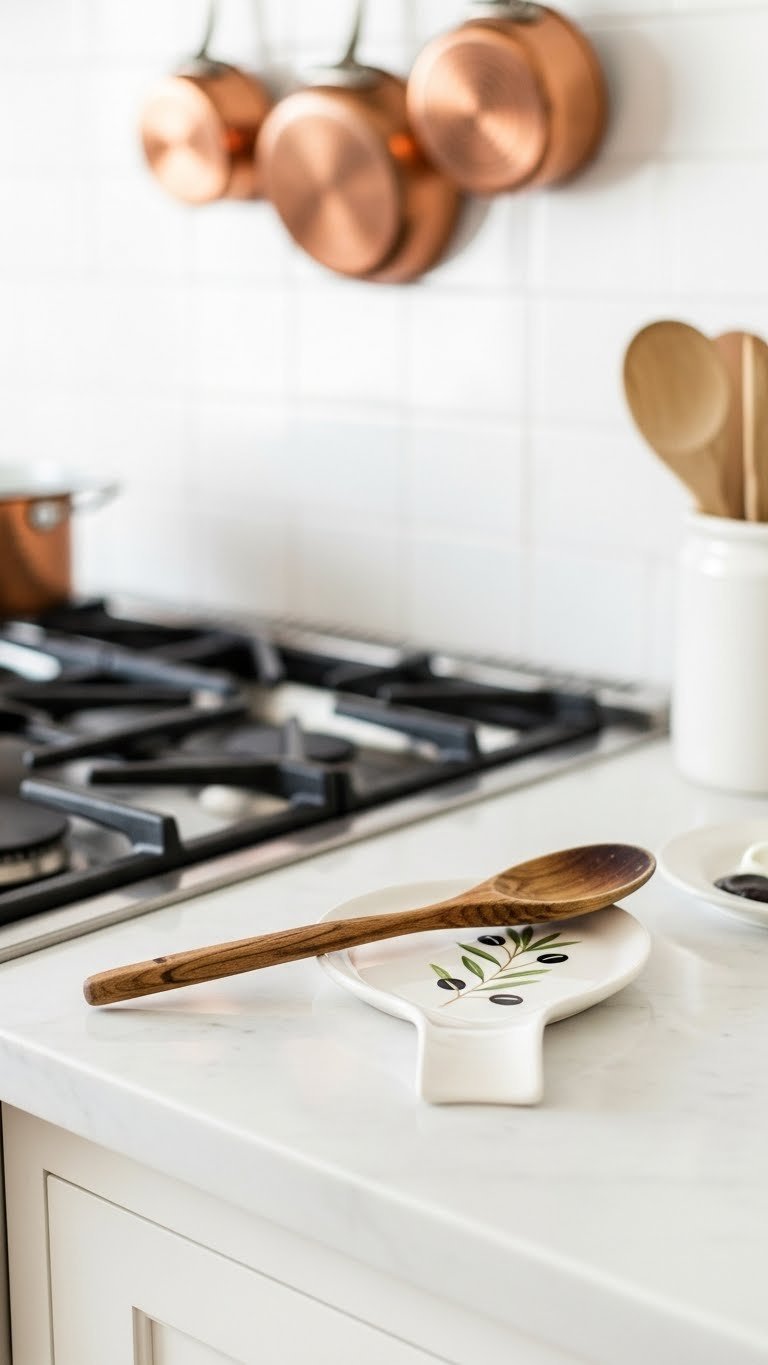 9 Proven Kitchen Gadgets Diy Projects For December 2025 7 White ceramic spoon rest with hand-painted olive branch motif on marble countertop with wooden spoon in bright kitchen.