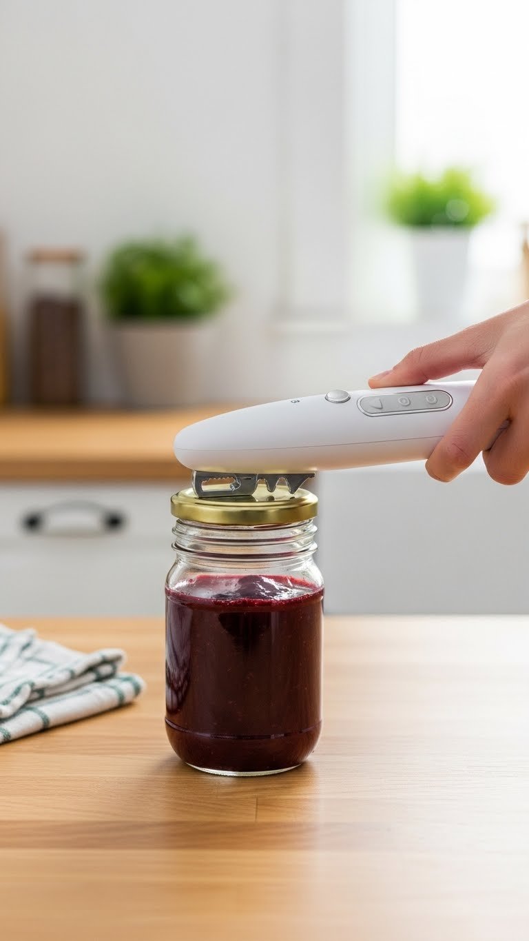 White electric jar opener effortlessly removing stubborn lid from glass jam jar on clean wooden kitchen countertop