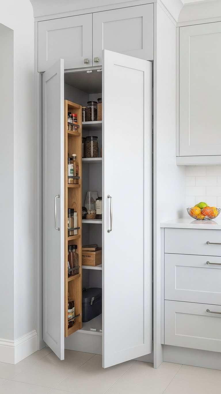 White engineered wood bifold pantry doors partially open in a compact kitchen, showing space-saving functionality and organized interior.
