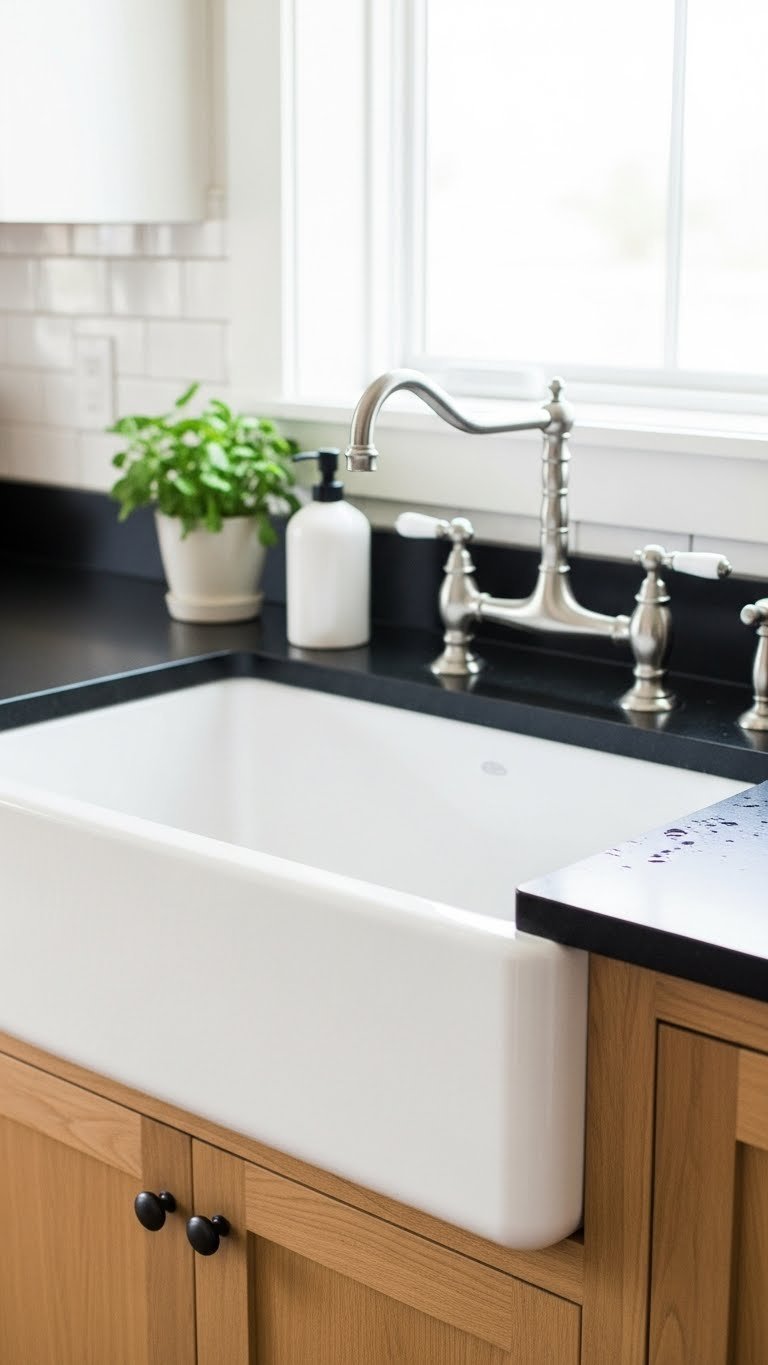 White farmhouse apron-front sink set in natural wood cabinet with dark black countertop