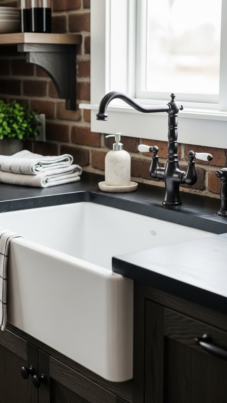 White farmhouse sink with a dark bronze gooseneck faucet, contrasted against dark wood cabinets in a rustic kitchen.