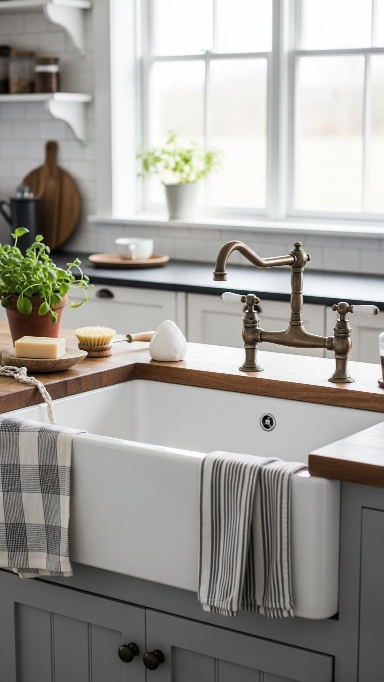 White farmhouse sink with brass faucet on wooden countertop featuring cast iron scrub brush and potted herbs