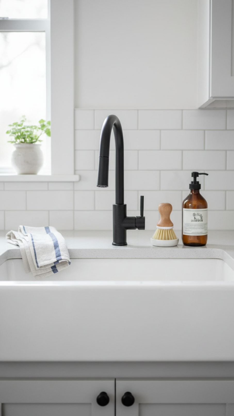 White farmhouse sink with matte black gooseneck faucet on light gray quartz countertop with subway tile backsplash
