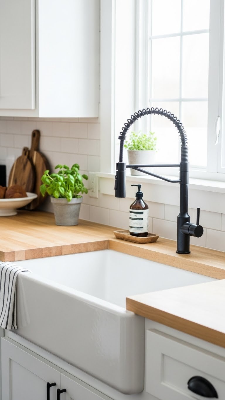 Rustic Modern Kitchen: 9 Ultimate Ideas To Transform Your Home 7 White farmhouse sink with matte black gooseneck faucet on light wood countertop in bright kitchen setting