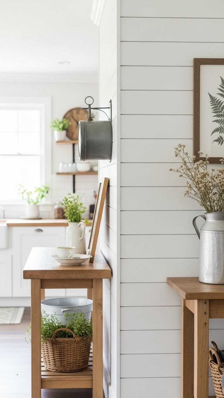 Rustic Kitchen On A Budget: 11 Genius Diy Ideas For Any Home 7 White faux shiplap accent wall in rustic kitchen with vintage milk jug and dried wildflowers on wooden console