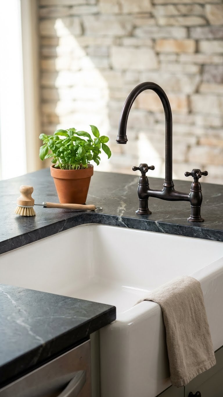 White fireclay farmhouse sink with oil-rubbed bronze faucet in outdoor kitchen setting